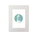Contemporary graphic illustration of Dunree lighthouse on a white background inside light blue square, mounted and measuring 30x40cm.