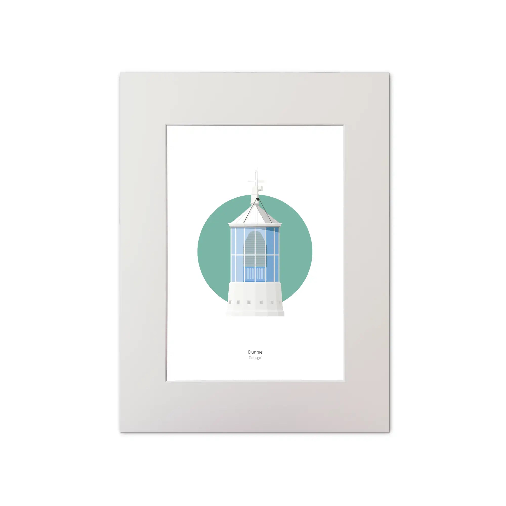 Contemporary graphic illustration of Dunree lighthouse on a white background inside light blue square, mounted and measuring 30x40cm.