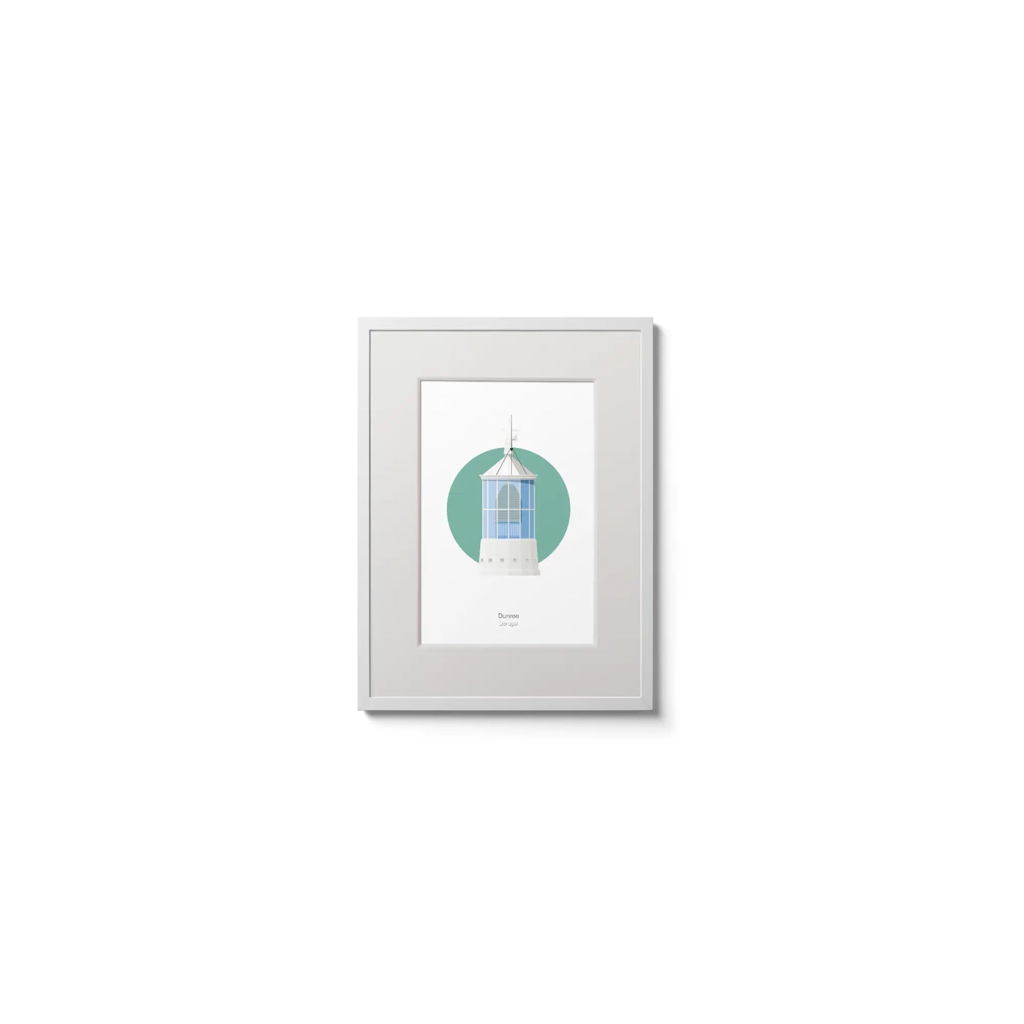 Contemporary wall hanging of Dunree lighthouse on a white background inside light blue square,  in a white frame measuring 15x20cm.