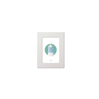 Contemporary graphic illustration of Dunree lighthouse on a white background inside light blue square, mounted and measuring 15x20cm.