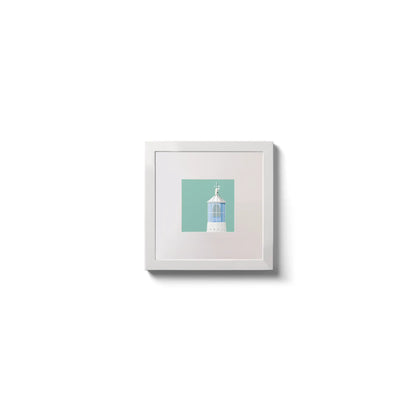 Illustration Dunree lighthouse on an ocean green background,  in a white square frame measuring 10x10cm.