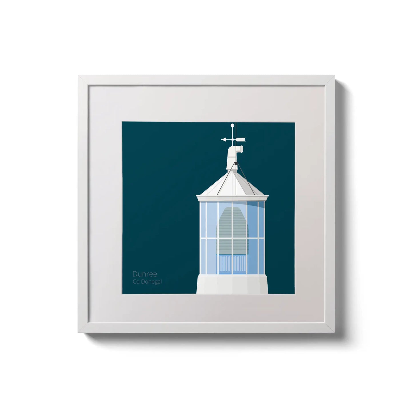 Framed wall art decoration Dunree lighthouse on a midnight blue background,  in a white square frame measuring 20x20cm.
