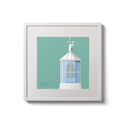 Contemporary wall hanging Dunree lighthouse on an ocean green background,  in a white square frame measuring 20x20cm.
