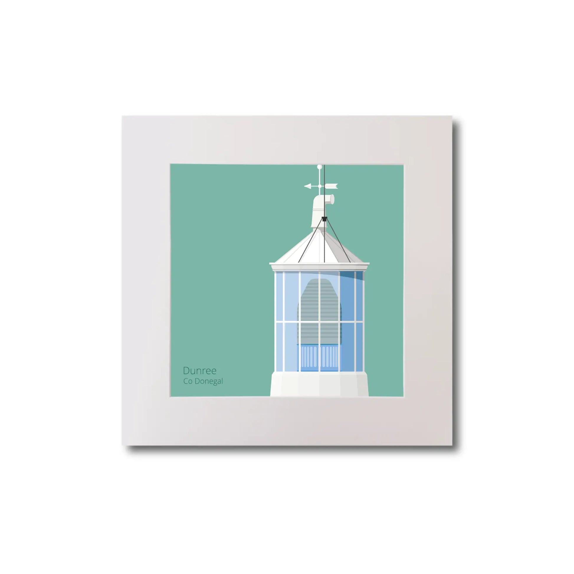 Illustration Dunree lighthouse on an ocean green background, mounted and measuring 20x20cm.