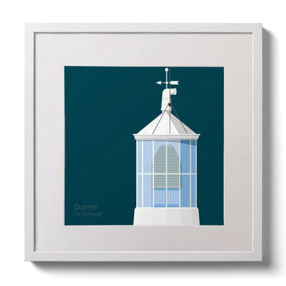 Illustration Dunree lighthouse on a midnight blue background,  in a white square frame measuring 30x30cm.