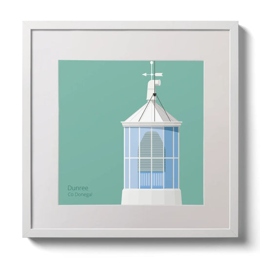 Illustration Dunree lighthouse on an ocean green background,  in a white square frame measuring 30x30cm.