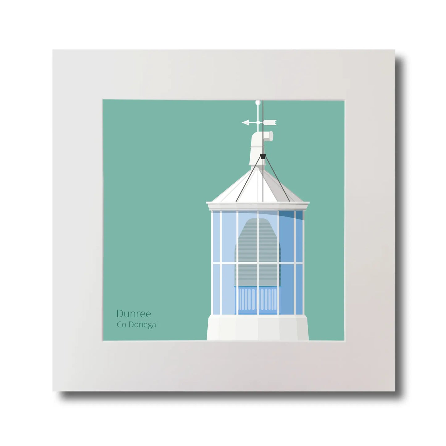 Illustration Dunree lighthouse on an ocean green background, mounted and measuring 30x30cm.