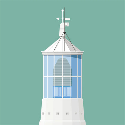 Contemporary graphic illustration of Dunree lighthouse on a white background inside light blue square.