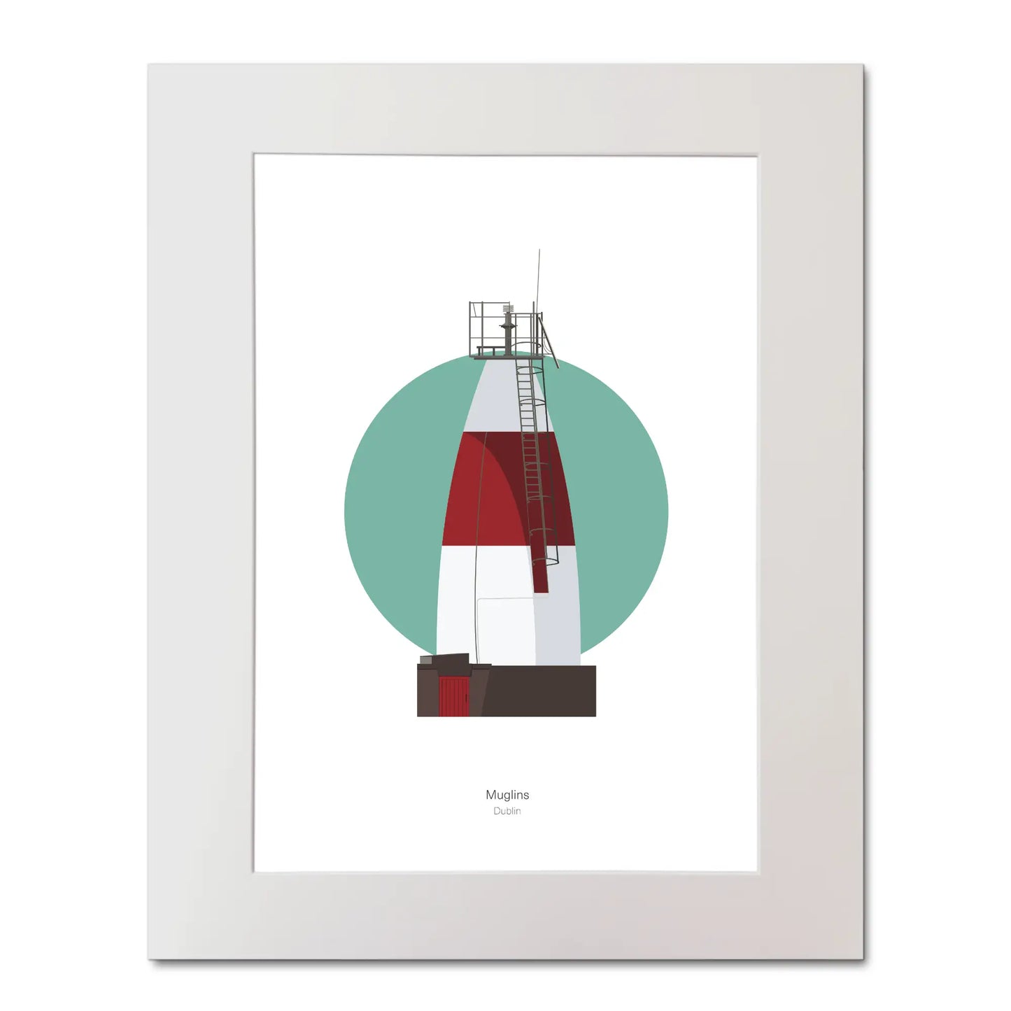 Contemporary illustration of Muglins lighthouse on a white background inside light blue square, mounted and measuring 40x50cm.