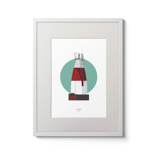 Contemporary wall art decor of Muglins lighthouse on a white background inside light blue square,  in a white frame measuring 30x40cm.