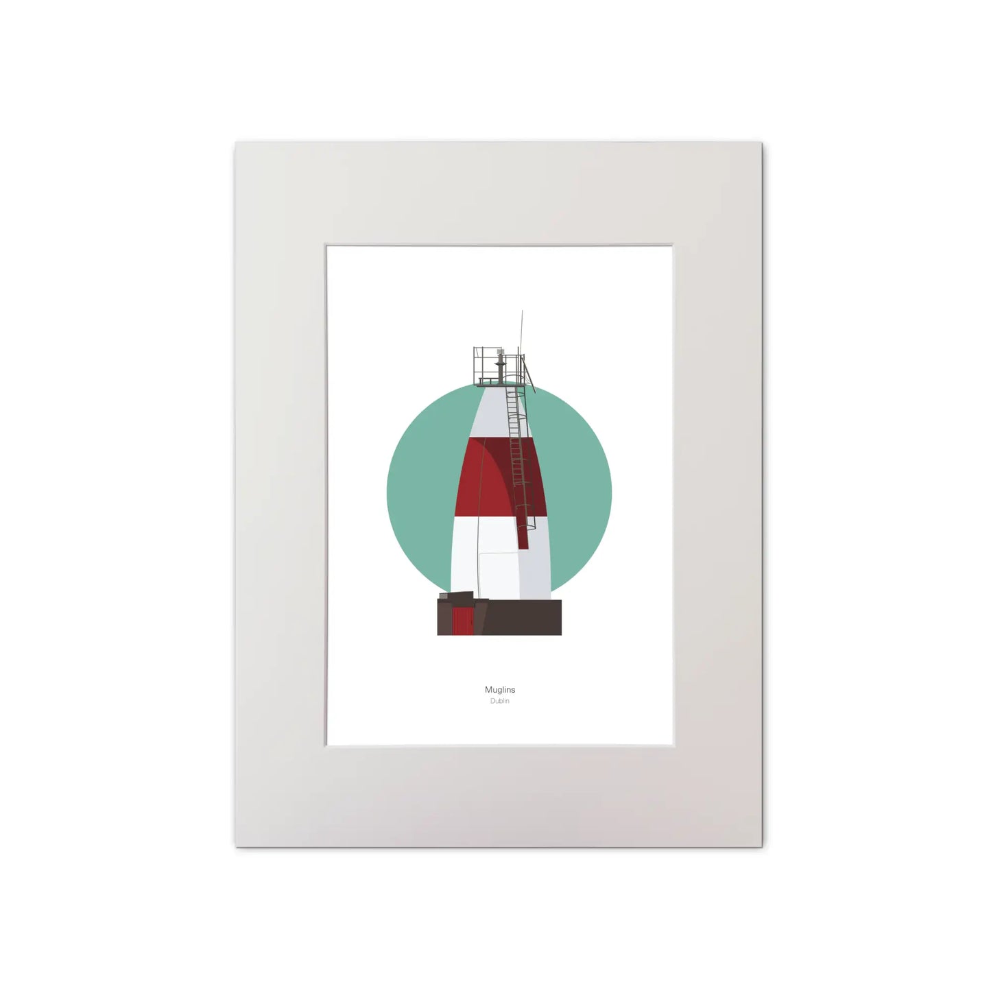 Contemporary graphic illustration of Muglins lighthouse on a white background inside light blue square, mounted and measuring 30x40cm.