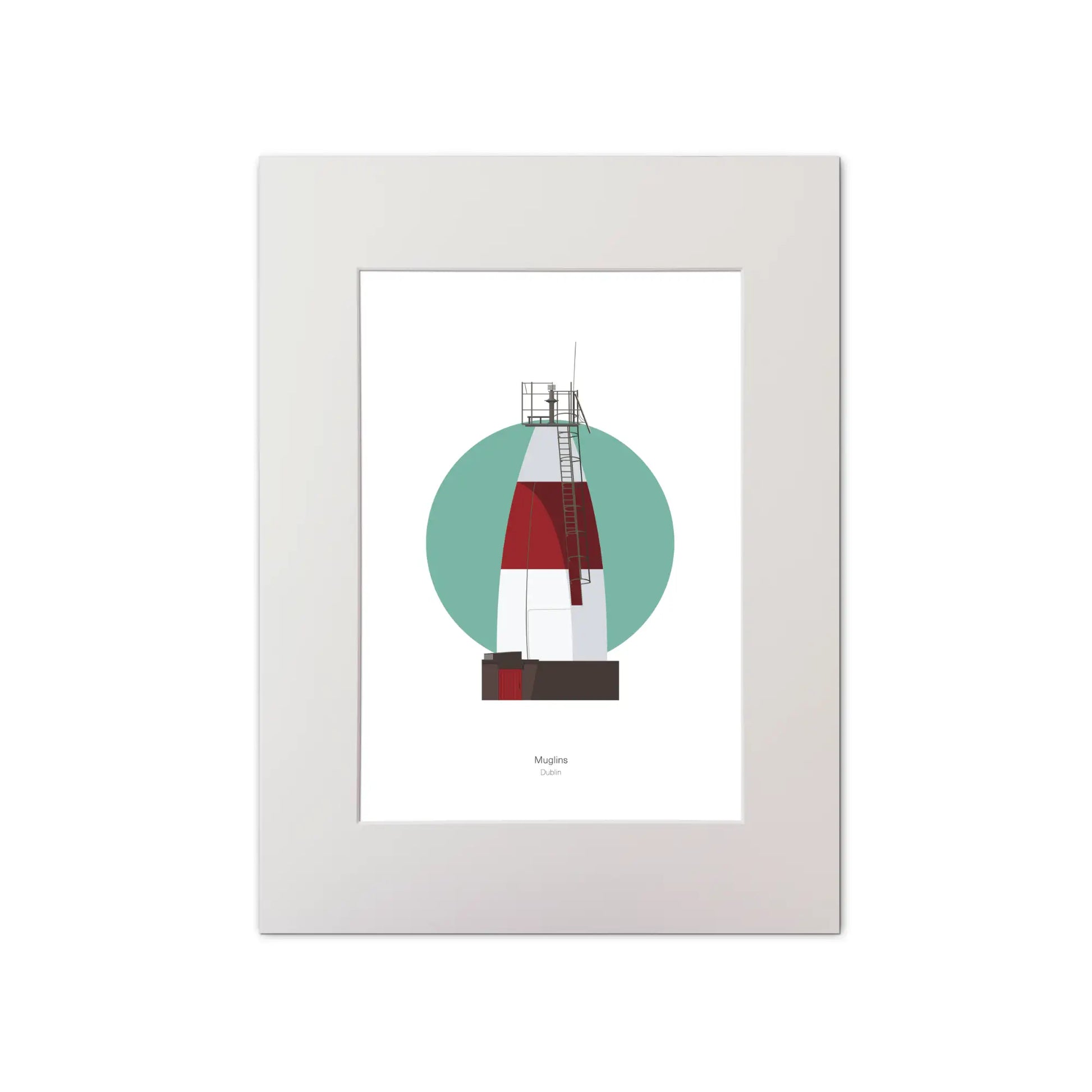 Contemporary graphic illustration of Muglins lighthouse on a white background inside light blue square, mounted and measuring 30x40cm.