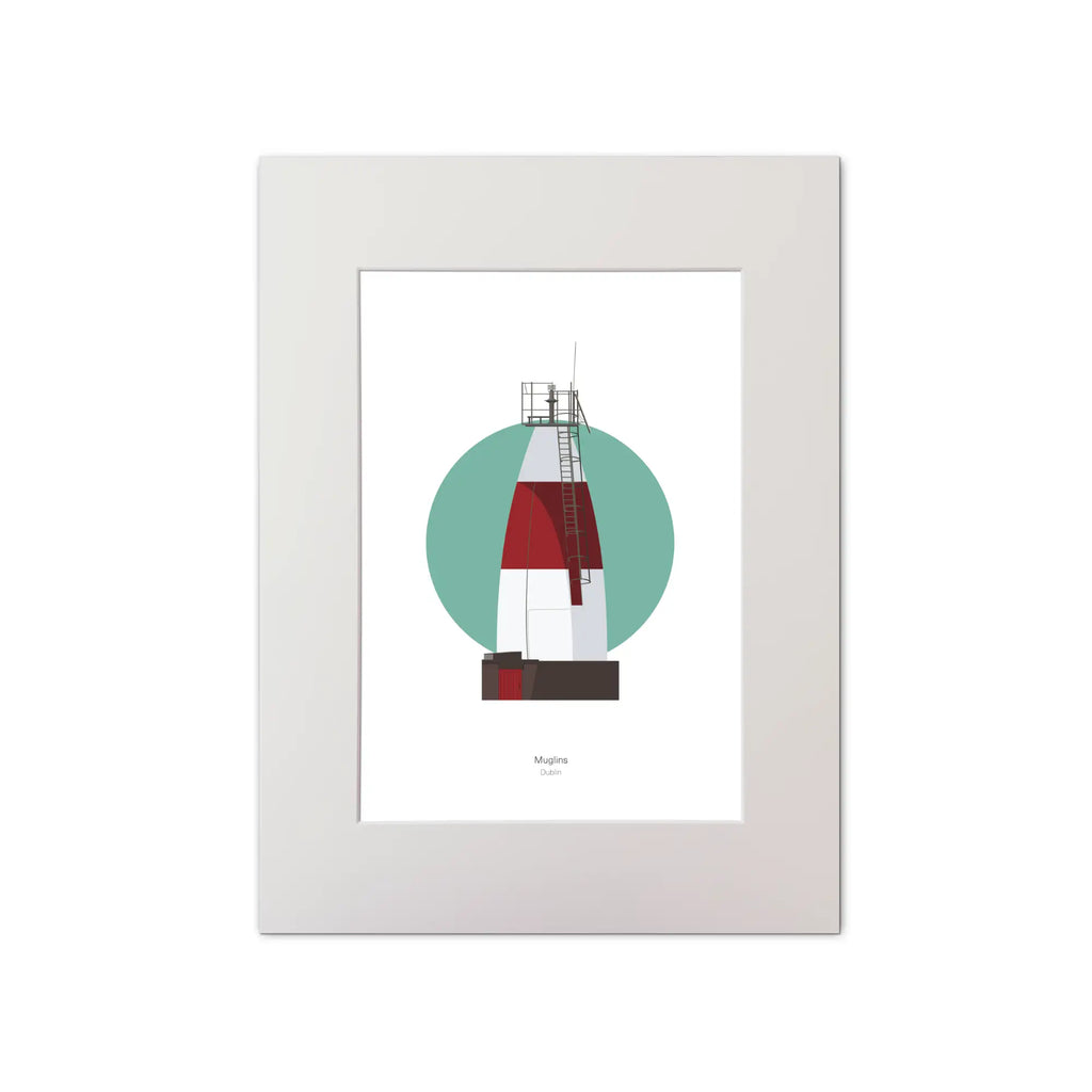 Contemporary graphic illustration of Muglins lighthouse on a white background inside light blue square, mounted and measuring 30x40cm.