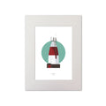 Contemporary graphic illustration of Muglins lighthouse on a white background inside light blue square, mounted and measuring 30x40cm.