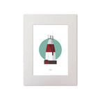 Contemporary graphic illustration of Muglins lighthouse on a white background inside light blue square, mounted and measuring 30x40cm.