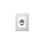 Contemporary wall hanging of Muglins lighthouse on a white background inside light blue square,  in a white frame measuring 15x20cm.