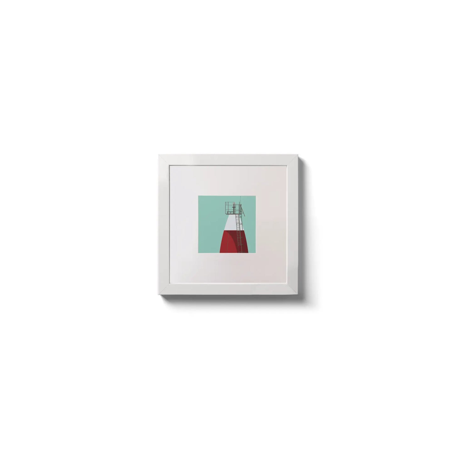 Illustration Muglins lighthouse on an ocean green background,  in a white square frame measuring 10x10cm.