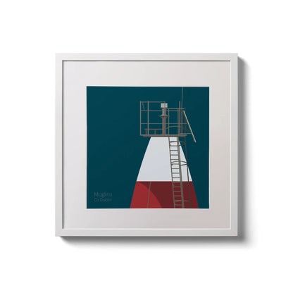 Framed wall art decoration Muglins lighthouse on a midnight blue background,  in a white square frame measuring 20x20cm.