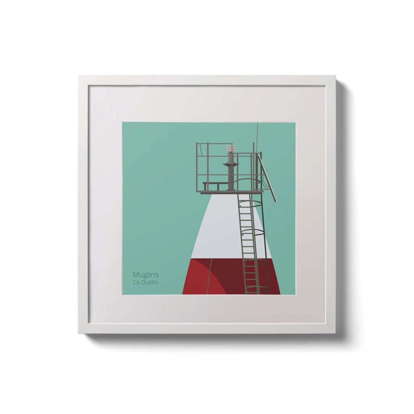 Contemporary wall hanging Muglins lighthouse on an ocean green background,  in a white square frame measuring 20x20cm.