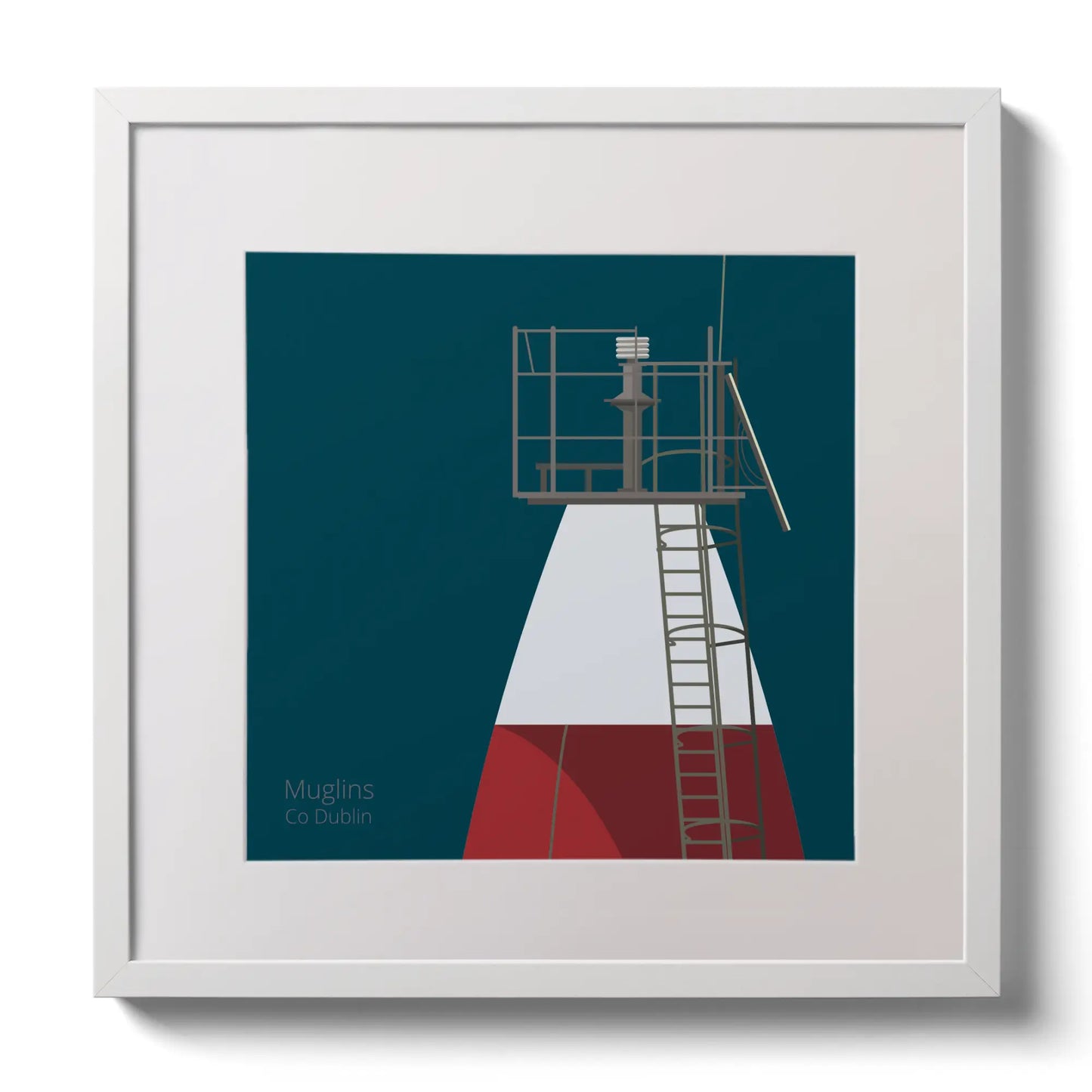 Illustration Muglins lighthouse on a midnight blue background,  in a white square frame measuring 30x30cm.