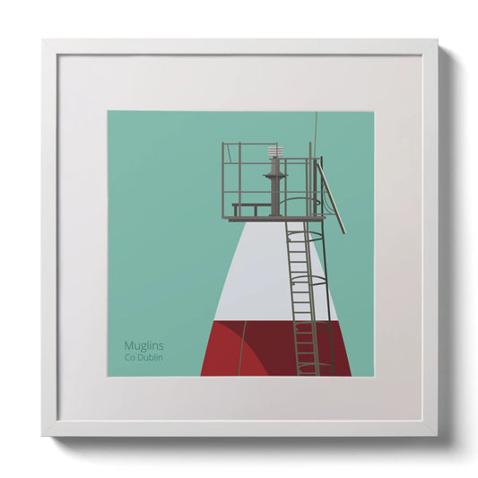 Illustration Muglins lighthouse on an ocean green background,  in a white square frame measuring 30x30cm.