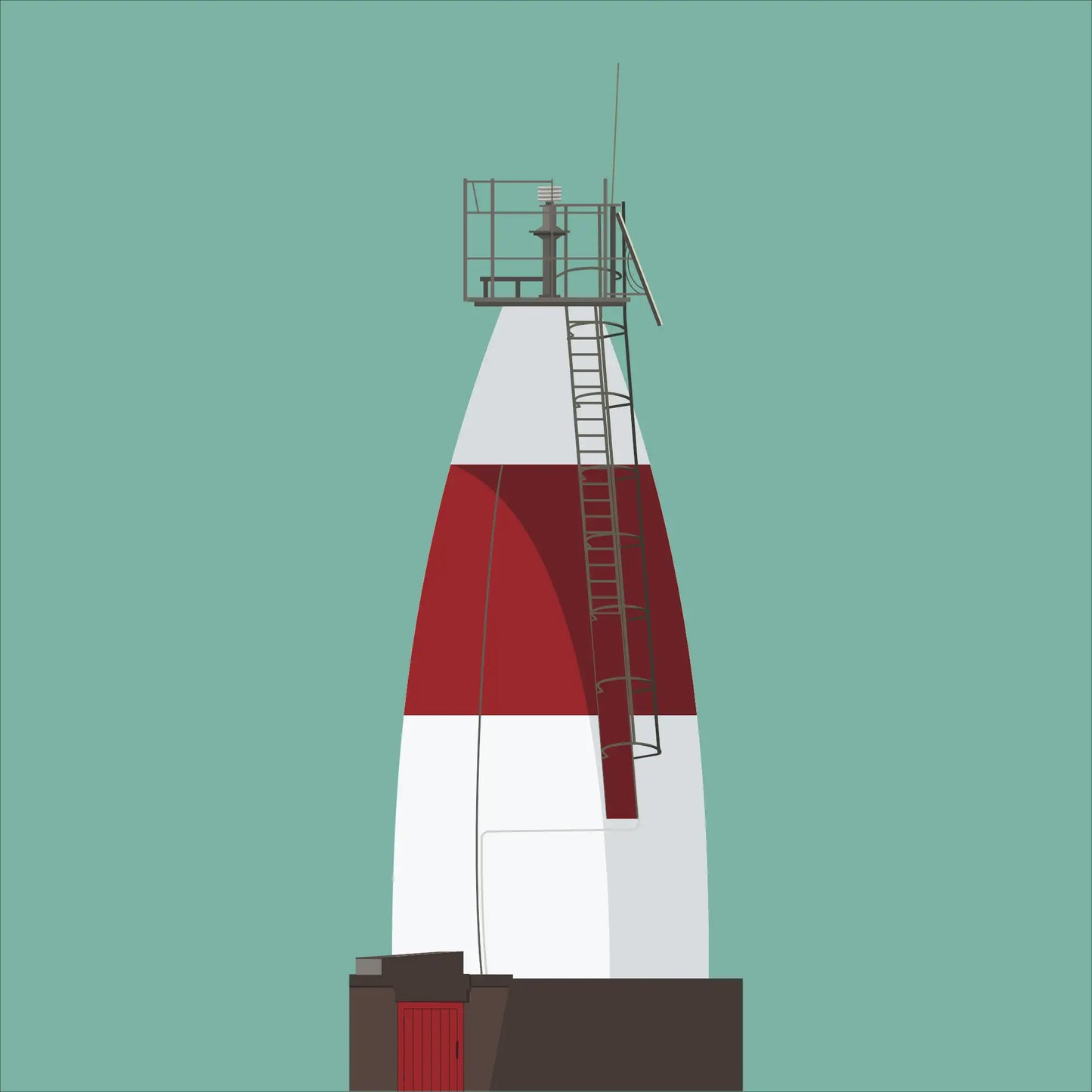 Contemporary graphic illustration of Muglins lighthouse on a white background inside light blue square.