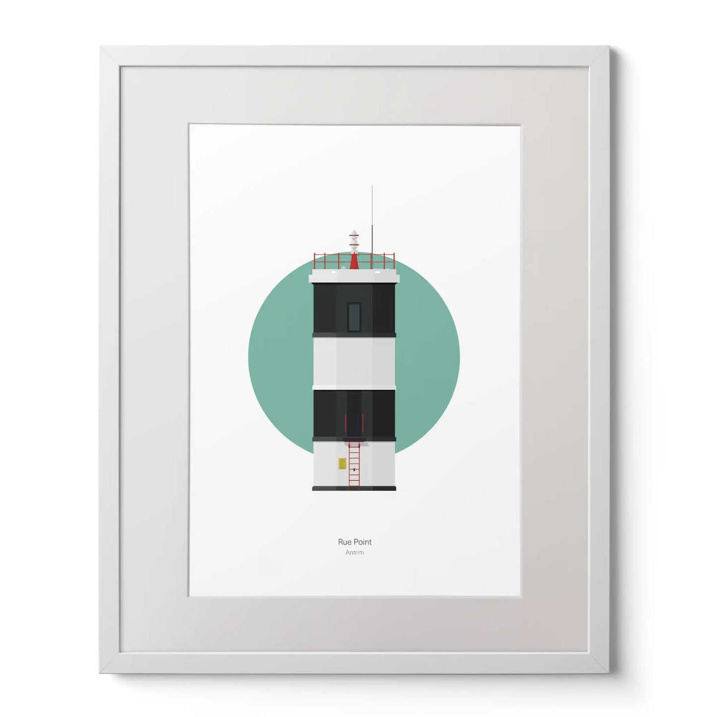 Contemporary art print of Rue Point lighthouse on a white background inside light blue square,  in a white frame measuring 40x50cm.