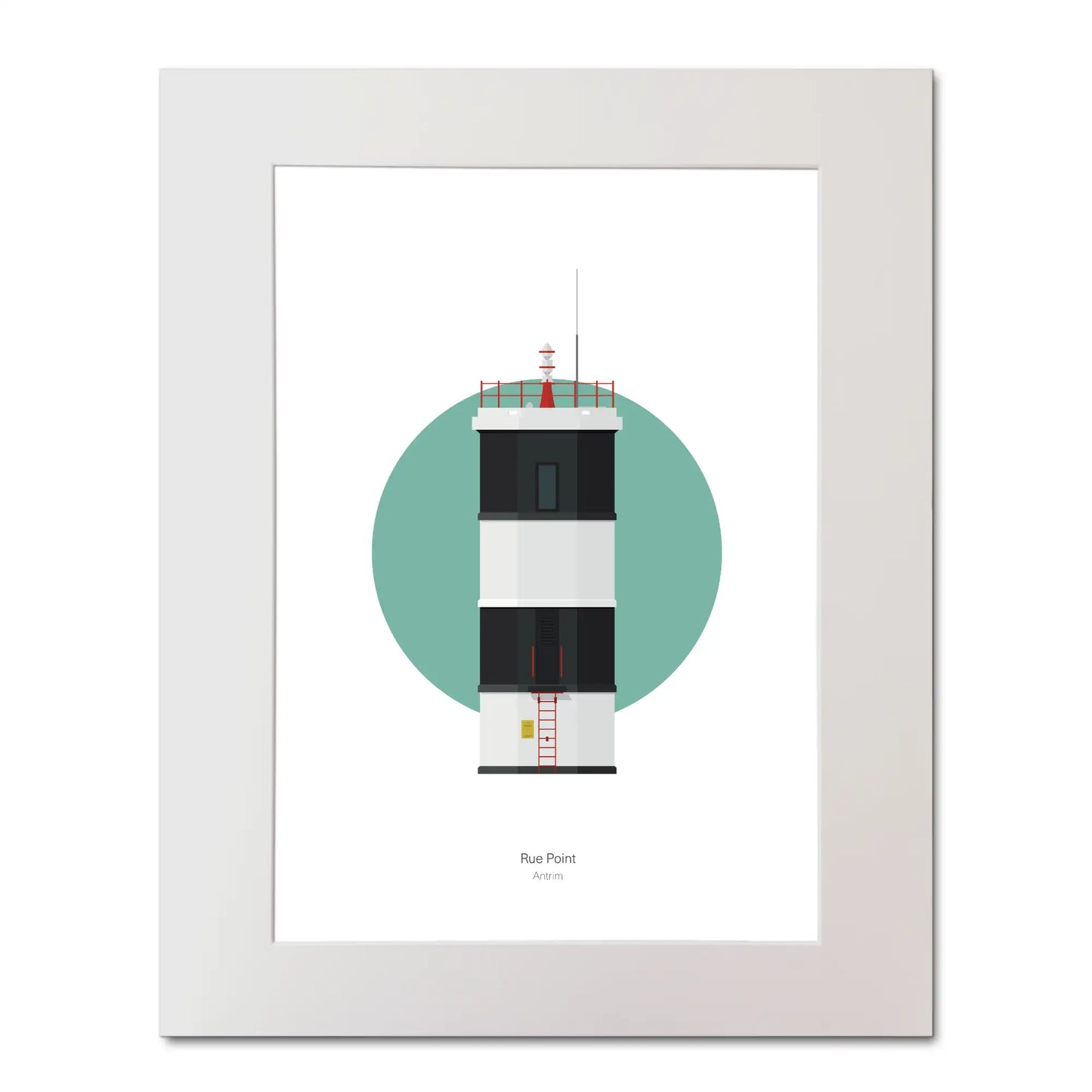 Contemporary illustration of Rue Point lighthouse on a white background inside light blue square, mounted and measuring 40x50cm.