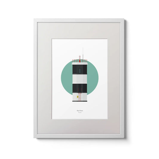 Contemporary wall art decor of Rue Point lighthouse on a white background inside light blue square,  in a white frame measuring 30x40cm.