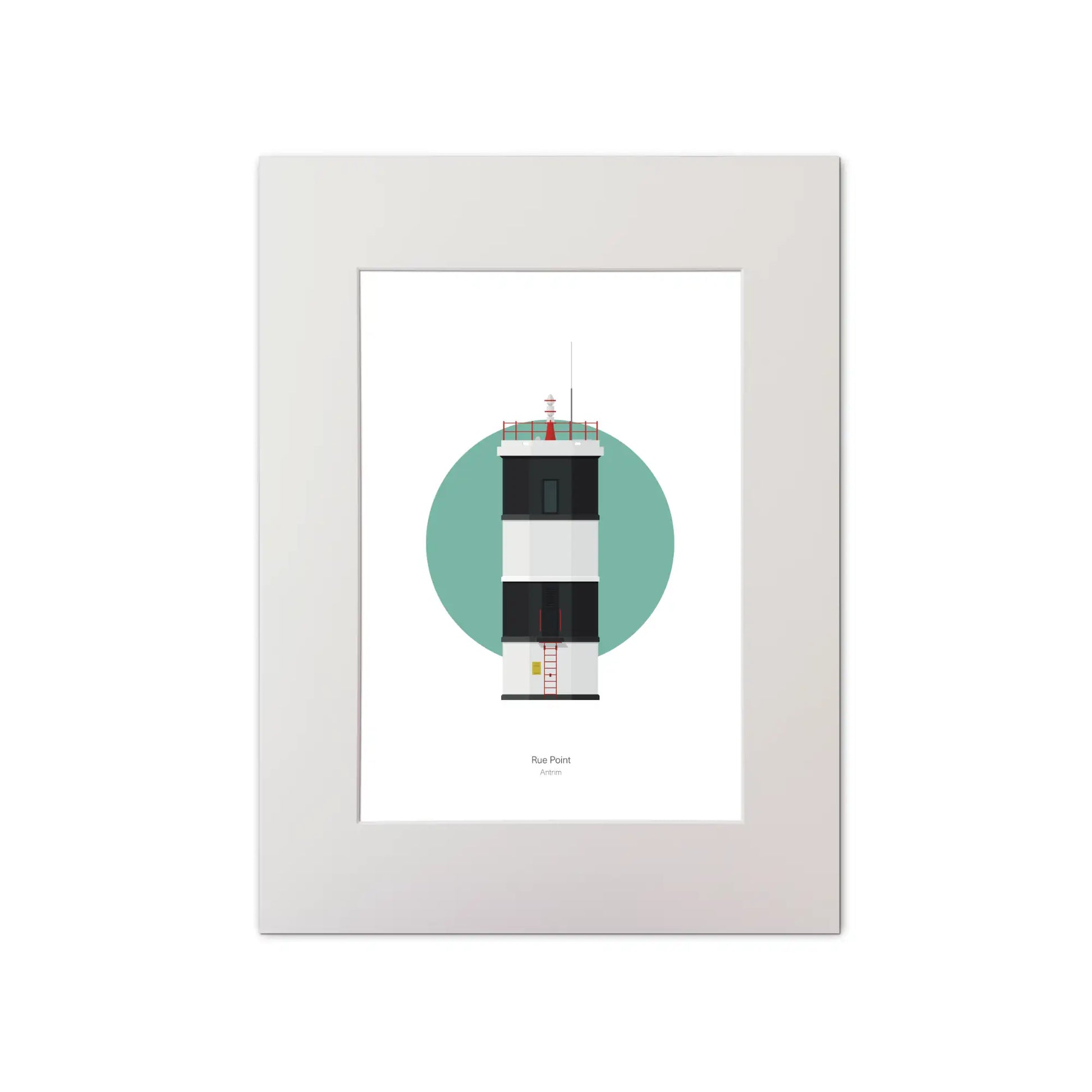 Contemporary graphic illustration of Rue Point lighthouse on a white background inside light blue square, mounted and measuring 30x40cm.