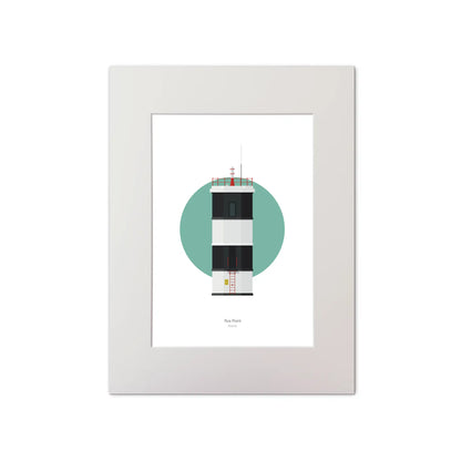 Contemporary graphic illustration of Rue Point lighthouse on a white background inside light blue square, mounted and measuring 30x40cm.