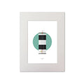 Contemporary graphic illustration of Rue Point lighthouse on a white background inside light blue square, mounted and measuring 30x40cm.