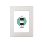 Contemporary graphic illustration of Rue Point lighthouse on a white background inside light blue square, mounted and measuring 30x40cm.