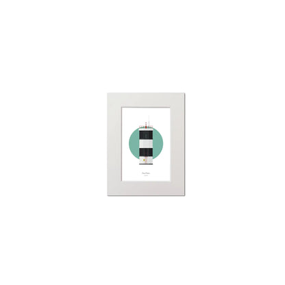 Contemporary graphic illustration of Rue Point lighthouse on a white background inside light blue square, mounted and measuring 15x20cm.