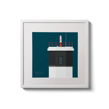 Framed wall art decoration Rue Point lighthouse on a midnight blue background,  in a white square frame measuring 20x20cm.