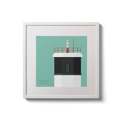 Contemporary wall hanging Rue Point lighthouse on an ocean green background,  in a white square frame measuring 20x20cm.