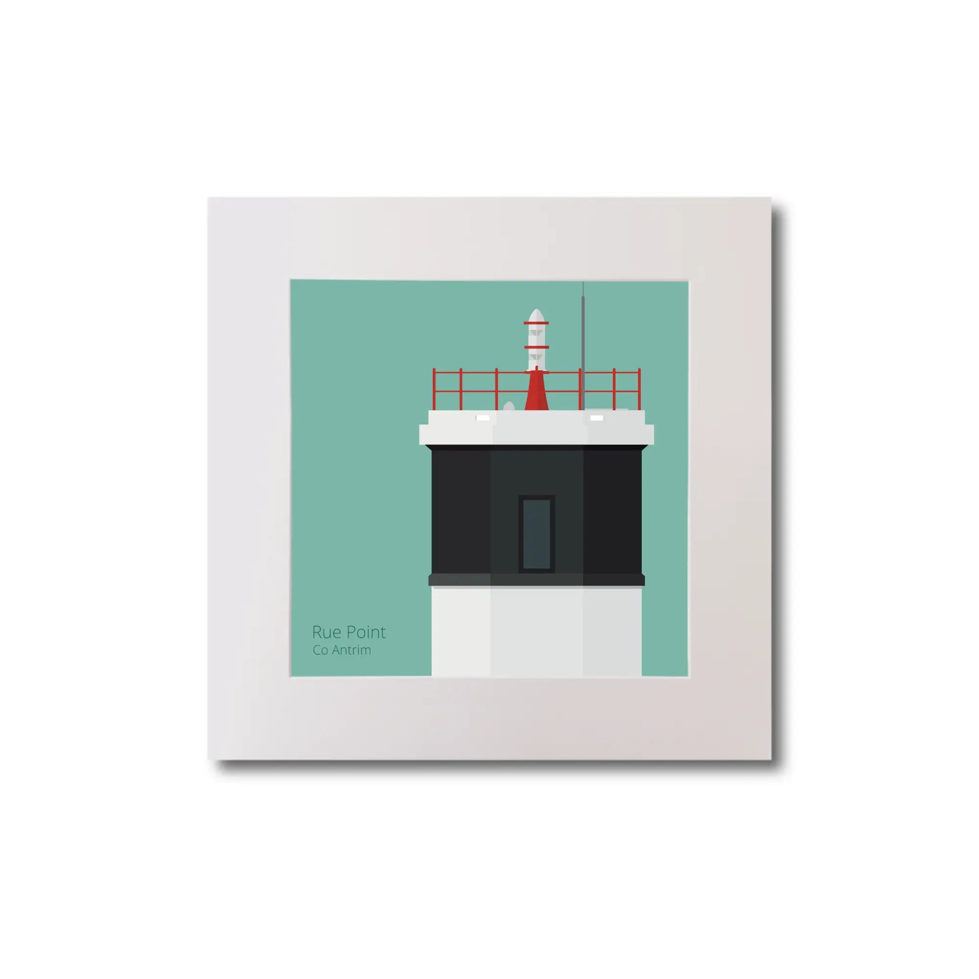 Illustration Rue_Point lighthouse on an ocean green background, mounted and measuring 20x20cm.