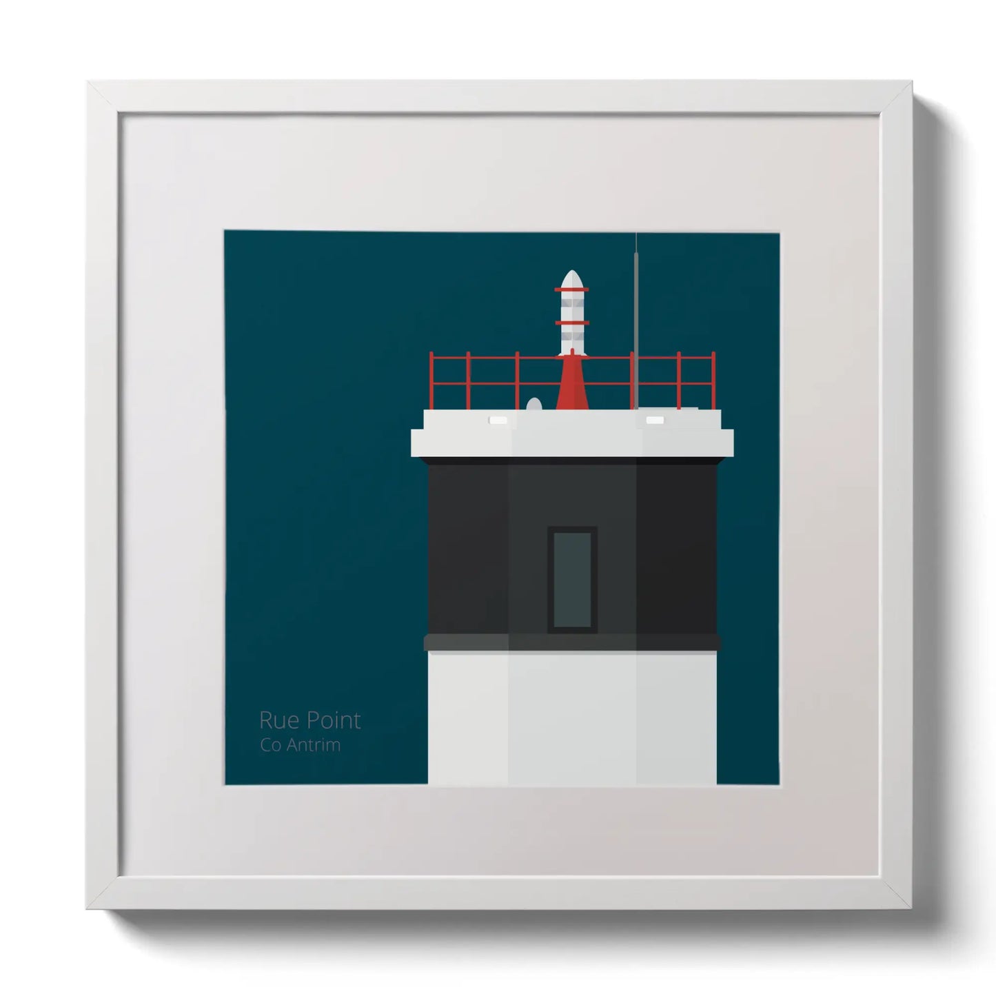 Illustration Rue Point lighthouse on a midnight blue background,  in a white square frame measuring 30x30cm.