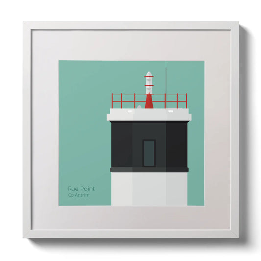 Illustration Rue Point lighthouse on an ocean green background,  in a white square frame measuring 30x30cm.