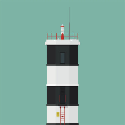 Contemporary graphic illustration of Rue Point lighthouse on a white background inside light blue square.
