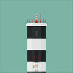 Contemporary graphic illustration of Rue Point lighthouse on a white background inside light blue square.