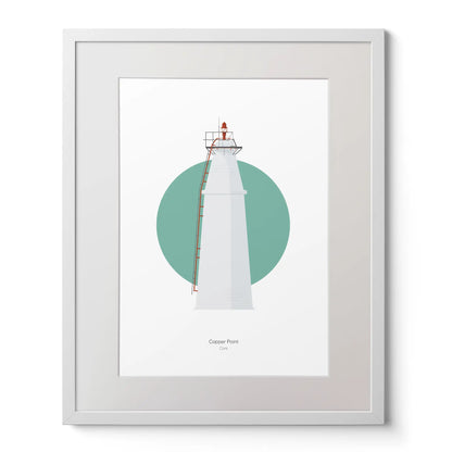 Contemporary art print of Copper Point lighthouse on a white background inside light blue square,  in a white frame measuring 40x50cm.