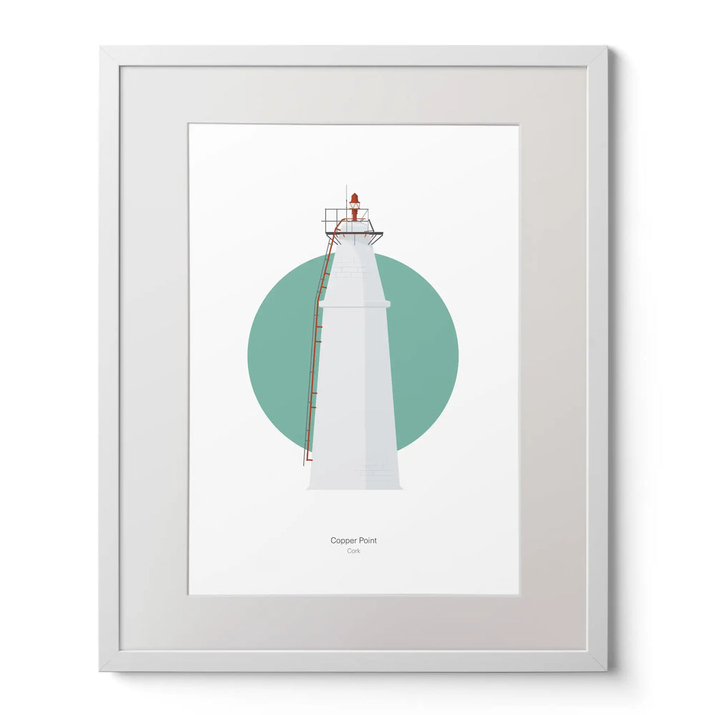 Contemporary art print of Copper Point lighthouse on a white background inside light blue square,  in a white frame measuring 40x50cm.