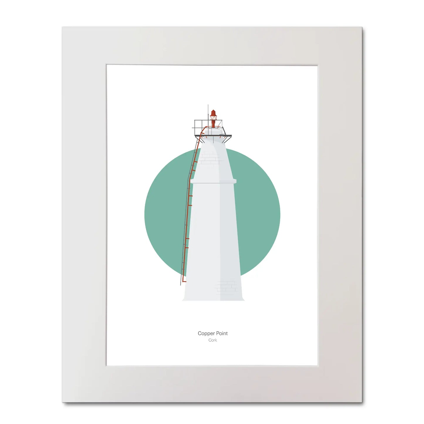 Contemporary illustration of Copper Point lighthouse on a white background inside light blue square, mounted and measuring 40x50cm.