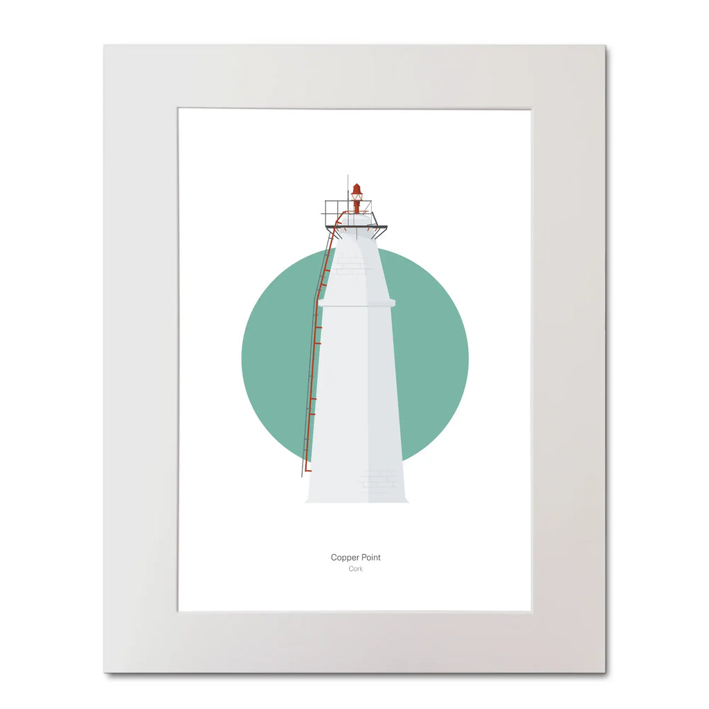 Contemporary illustration of Copper Point lighthouse on a white background inside light blue square, mounted and measuring 40x50cm.
