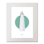 Contemporary illustration of Copper Point lighthouse on a white background inside light blue square, mounted and measuring 40x50cm.