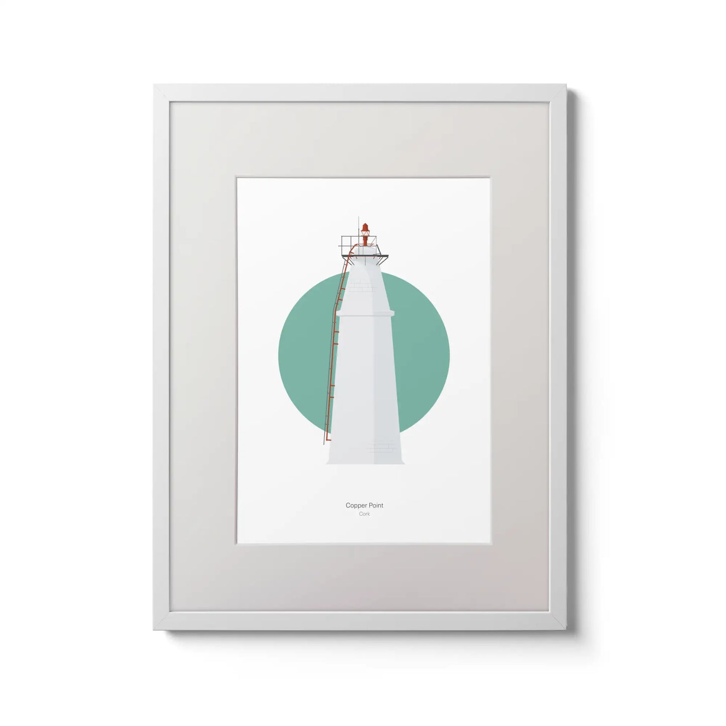 Contemporary wall art decor of Copper Point lighthouse on a white background inside light blue square,  in a white frame measuring 30x40cm.