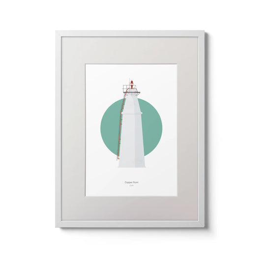 Contemporary wall art decor of Copper Point lighthouse on a white background inside light blue square,  in a white frame measuring 30x40cm.