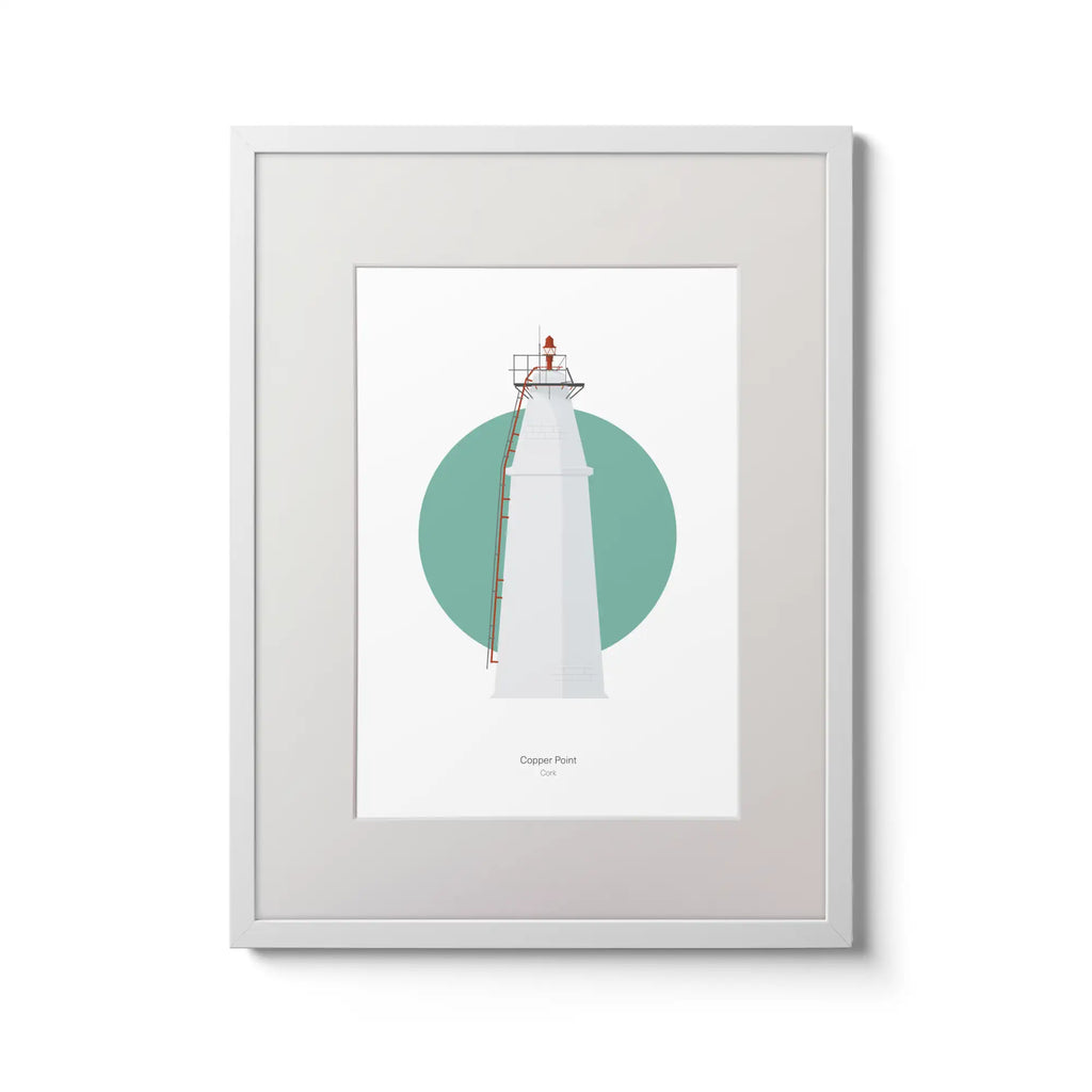 Contemporary wall art decor of Copper Point lighthouse on a white background inside light blue square,  in a white frame measuring 30x40cm.