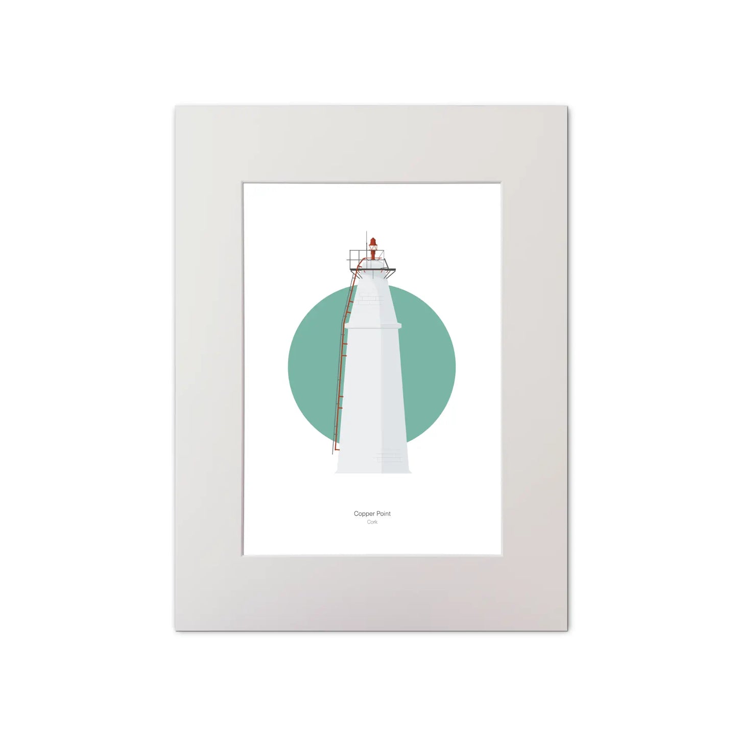 Contemporary graphic illustration of Copper Point lighthouse on a white background inside light blue square, mounted and measuring 30x40cm.